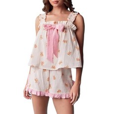 여성용 Y2K 베어 프린트 투피스 파자마 세트 러플 트림 캐미 탑 신축성 있는 허리 반바지 루즈핏 나비매듭 매칭 의상 핑크 스몰