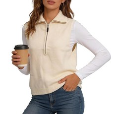 LEO'VASE 2025 여성용 부드러운 니트 탱크탑 - 클래식 스웨터 조끼 따뜻한 하프 지퍼 스웨터 다용도 레이어링 탑 크리미 라지