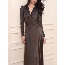 레이디두아 7회 사라킴 신혜선 여성 브라운 브이넥 무대 긴팔 드레스 파티 원피스 롱 매듭