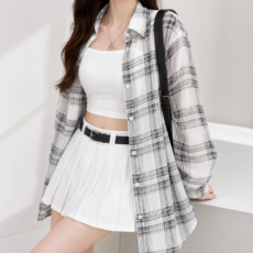 테라비브 여성 여름 체크 셔츠 블라우스