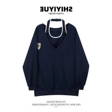 새로운 캐주얼 소규모 디자인 루즈핏 스웨트셔츠 여성 세트 봄가을 홀터넥 오프숄더 끈 두 조각 세트 ins