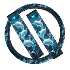 STUOARTE 버터플라이 프린트 자동차 스티어링 휠 커버 및 2팩 안전벨트 커버 세트 드림캐처 프린트 범용 38.1cm(15인치) 스티어링 휠 커버 부드럽고 편안한 어깨, 돌고래 꽃 하트 - 블루