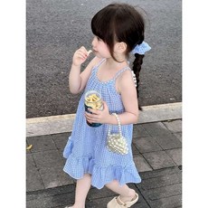 韓版女童藍格紋蕾絲露背吊帶連衣裙