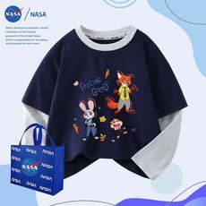 NASA 瘋狂動物城卡通刺繡假兩件長袖T恤