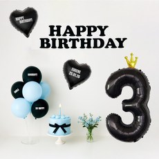해피제이니 시크블랙 가랜드 대형 왕관숫자 풍선 생일 파티용품 세트 (자유레터링 시트지 3장), 1세트, 블루 블랙숫자3
