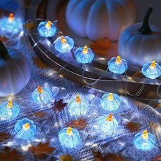 Glooglitter 2피스 가을 추수감사절 스트링 조명 2m(6.6피트) 블루 호박 조명 스트링 베이비 샤워 장식 추수감사절 할로윈 실내 창문 나무 마당 현관 문 장식