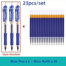 23pcs 개폐식 볼펜 대용량 0.5mm 볼펜 블랙레드블루 교체 가능한 리필 지 학교 용품, [02] 23pcs Blue set