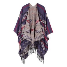 Urban CoCo 여성용 프린트 태슬 오픈 프런트 판초 케이프 랩 숄 시리즈 12-블랙 One Size 142283, 네이비 블루 시리즈 3