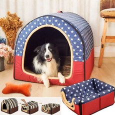강아지 켄넬 이동장 케이지 고양이 애완동물 침대 돔형 하우스 2가지 사용 방법 강아지와 고양이용 실내용 사계절용 푹신한 쿠션 집 지붕 포함 텐트 세련된 디자인 세탁 가능 접이식, S(2.5kg 이하의 반려동물), 파랑/빨강