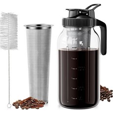 VA1KENE 콜드 브루 커피 메이커 64oz 304 스테인리스 스틸 필터가 장착된 스 뚜껑이 있는 메이슨 병 피처블랙, 블랙