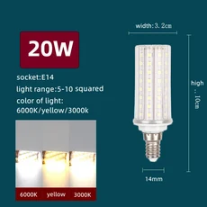 E27 LED 옥수수 전구 AC85 265V E14 조명 10W 거실 장식 홈 용품, [04] E14 20W, [01] 3 Colors, [01] AC85-265V, 1개