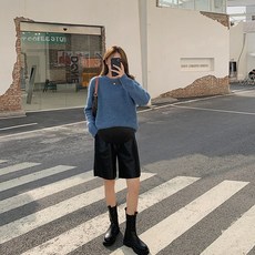 퀸앤조이 여성 봄가을 레더 부 밴딩 인조 가죽 반바지 리브엘 빅사이즈 데일리 캐주얼