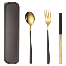 葡萄牙便攜餐具組 304不鏽鋼餐具組 輕巧便攜 環保餐具 湯匙筷子套裝 隔日配達, 1個, 黑色【金湯匙+金叉子+金筷子】, 黑色, 金湯匙+金叉子+金筷子