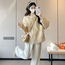 가을 겨울 임산부 상하복 임부복 숏 코트 + 와이드 팬츠 투피스 세트 패션 임부 상하세트 YSQ