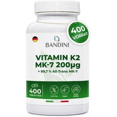 반디니 비타민 K2 MK-7 200 g (mcg) 비건 400 마이크로 태블릿, 1개, 400정