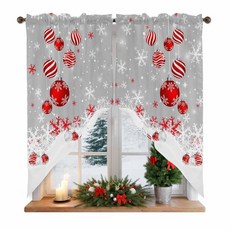 크리스마스 장식 밸런스 짧은 장식 토퍼 Samll Windows용 크리스마스 레드 볼 그레이 71.1 x 91.4cm(28 x 36인치) 커튼 한 쌍 침실 거실 및 다이닝