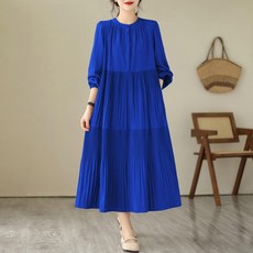 라운드넥 빅사이즈루즈핏 플리츠 퍼프소매 기계주름 캉캉, 블루