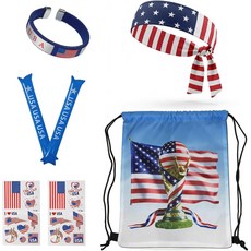 KINPAVOU 2026 월드컵 USA 축구 팬 장비 세트 7피스 드로스트링 백팩 장식 및 7월 4일 기념 보관