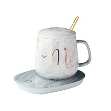 大理石紋恆溫加熱杯墊禮盒 陶瓷咖啡杯保溫杯套裝 聖誕節交換禮物推薦, 1個, 字母M 灰色