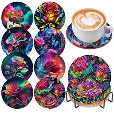 8피스 다이아몬드 아트 페인팅 컵받침 홀더 포함 DIY 자폐증 인식 다이아몬드 아트 컵받침 음료용 다이아몬드 아트 페인팅 키트 초보자용 다이아몬드 키트 공예 용품 성인용, 오일 로즈 플라워, 1개