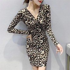 TKX 섹시원피스 여성 V넥 긴팔 바디콘 호피 패턴 클럽 드레스 가을 겨울 패션 KZ95