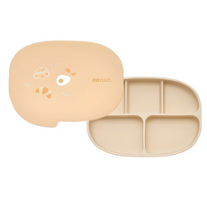 모윰 유아용 실리콘 초강력 5구 흡착식판+간식 접시 겸용 뚜껑 세트, ALL BEIGE, 식판 + 뚜껑, 1세트