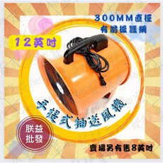 「朕益批發」12英吋 手提式管道風機 手提抽送風機 抽風機 排風機 工廠通風 工業風機 鼓風機 地下水道風鼓 換氣風機, 1個, 12英吋 單機,220V