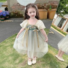 女童改良漢服連衣裙，兒童網紗蓬蓬裙，寶寶古風造型服裝