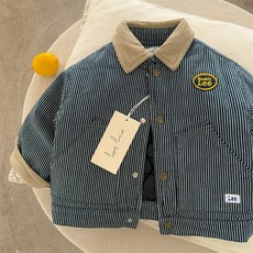 兒童外套2025新款瞇瞇眼鼕季新品男女童條紋牛仔加厚字母外套