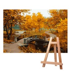 Living Duo DIY簡單名畫油畫繪製組 中型 40*50+中型畫架, A-088黃色楓葉與小橋