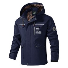 新款男士休閒工裝夾克 可脫卸帽外套 多口袋設計, L 建議體重（65-75 公斤）, 藍色