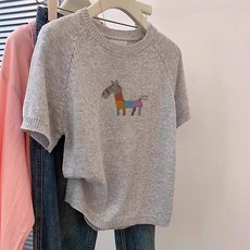 여성 반팔 니트 봄여름 루즈핏 라운드넥 컬러 말 자수 데일리 캐주얼 상의