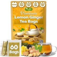 TOG999 프리미엄 티백 20개 슈퍼 모링가 허브 티 모링가 잎 스피어민트 잎 생강 레몬 껍질 및 카모마일의 특별한 혼합. 설탕 카페인 없음 글루텐 없음 비건., 60 Bags, Lemon, Ginger Herbal Blend Tea