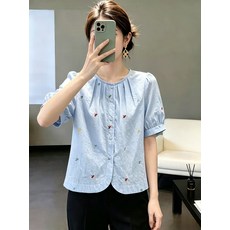 韓系撞色圓領短袖寬松百搭刺繡襯衫女