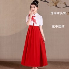 兒童表演服 閤唱服 朗誦紅歌 萬疆 男女童 舞蹈禮服 小學生, 盤扣女款短袖 送珍珠頭飾 中國結,180