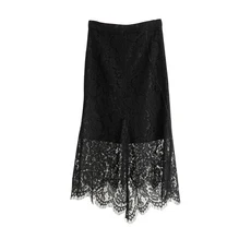 우아한 블랙 레이스 하프 스커트 비대칭 밑단 여성 패션 미디 코튼 혼방 편안한 중간 허리, 01 검은색, 03 라지