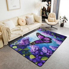 Feelyou 퍼플 나비 거실 러그 7.6x12.7cm(3x5인치) 바이올렛 라벤더 꽃 부분 러그 어린이 남아 여아 비행 나비 장식 카펫 나비 꽃 실내 바닥 매트, 3'3" x 4'11" (Rectangular), 퍼플과 블루