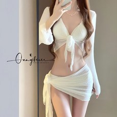 比基尼泳衣女2024新款四件套高級感白色性感分體泳衣顯瘦度假溫泉, 泳帽,S碼【建議37.5-42.5公斤】