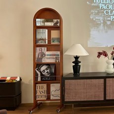 復古法式實木雜誌置物書架，落地移動全身鏡, 櫻桃色