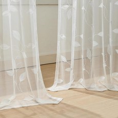 VOGOL 나뭇잎 자수 시어 화이트 커튼 2패널 빛 필터링 보일 드레이프 농가 거실용 관리가 쉽고 세탁 가능한 창문 트리트먼트 너비 132.1 x 길이 243.8cm(5