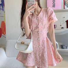 도모아 플로아 원피스 미니 결혼식 하객룩 피로연 버튼 A라인