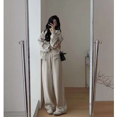 寬鬆連帽拉鍊運動套裝女 高腰闊腿休閒長褲 舒適透氣，時尚百搭