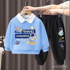【桃園-出貨】兒童套裝 男童長袖 男童秋季翻領衛衣套裝2024春秋新款兒童洋氣卡通Polo衫上衣兩件套 UMOG