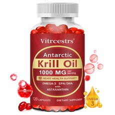 남극 크릴 오일 캡슐 1000mg 오메가-3 EPA DHA 아스타잔틴이 풍부 관절 피부 뇌 면역 체계 및 심혈관 건강 지원 non-GMO, 1개, 60정