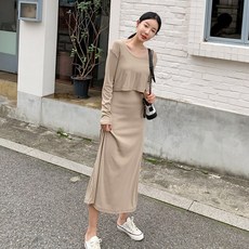 Funny girls 女款長袖短版T恤+背心式連身裙套裝