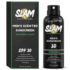 SLAM 우즈맨 남성용 향기 자외선 차단제 SPF 50 – 얼굴 및 신체용 광범위 차단제 방수 땀 저항성 스프레이 50 UVA/UVB 보호, Woodsman SPF 30, 1개
