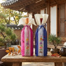 전통주 보자기 술병 와인 포장 주머니 전통 술주머니, 2개, 꽃자수_네이비+핫핑크