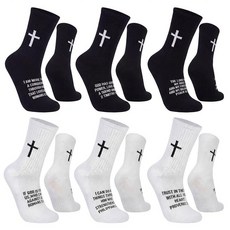Glitopper 기독교 십자가 양말 6쌍 성경 구절 종교적 예수 충실한 기도 남성 여성 청소년 교회 선물 블랙 화이트 원사이즈 255570