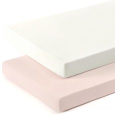 신축성 있는 울트라 소프트 저지 니트 매트리스 커버 팩 앤 플레이 시트 세트 2팩 여아용 휴대용/미니 아기 침대 시트 팩 앤 플레이용 범용 핏 안전하고 아늑함 귀여운 바, 크림 핑크