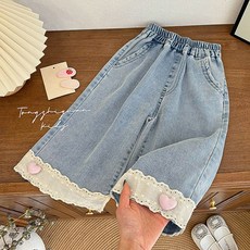 女童夏季薄款牛仔褲兒童蕾絲花邊寬鬆闊腿褲新款洋氣百搭休閒褲潮